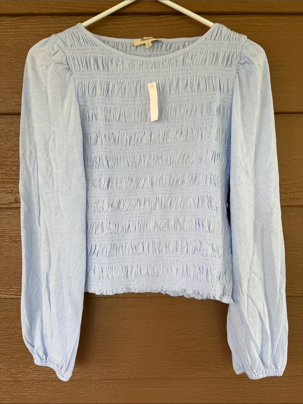 Madewell NWT Light Blue Smocked Long-Sleeve Ribbed Blouse -Sz S